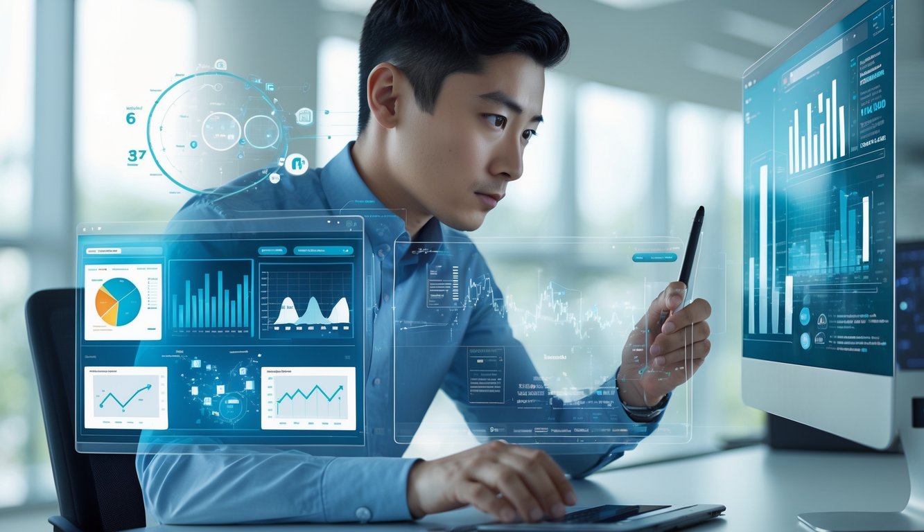 Seorang individu sedang menganalisis pola data di beberapa layar digital di ruang kantor modern.