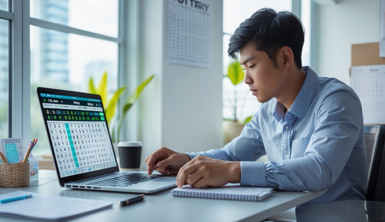 Seorang pria muda fokus duduk di meja dengan laptop dan alat tulis, sedang menganalisis angka togel secara online di ruangan yang terang.