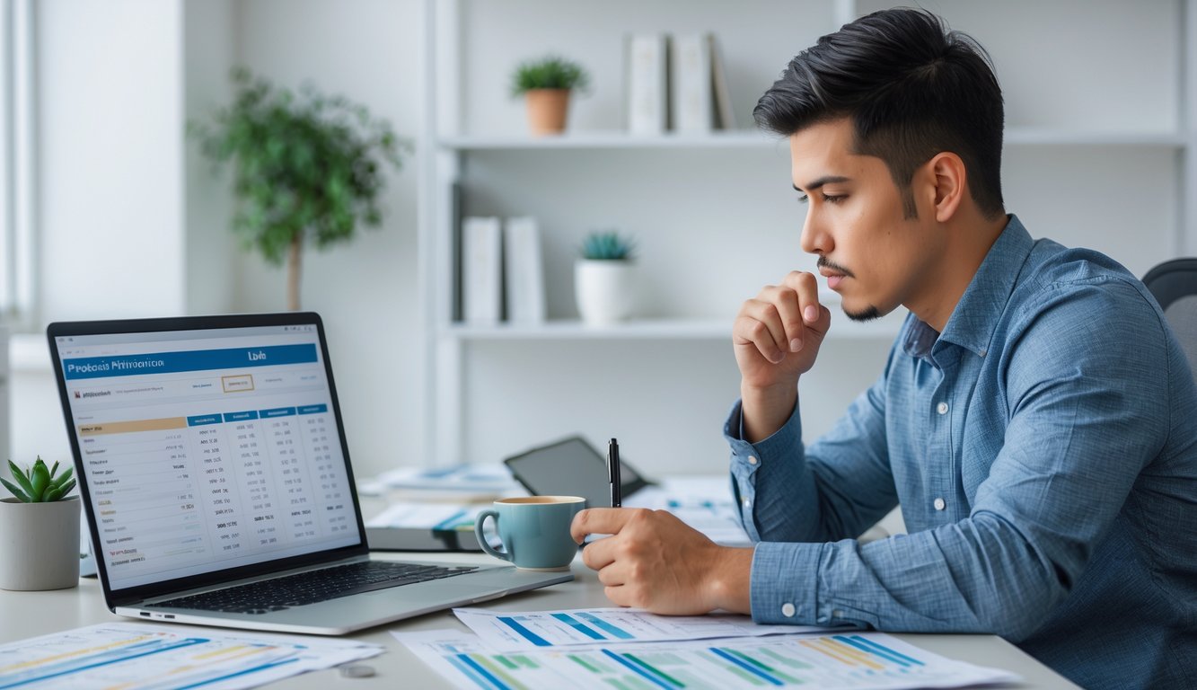 Seorang pria muda duduk di meja dengan laptop dan kertas berisi angka, tampak fokus merencanakan strategi.