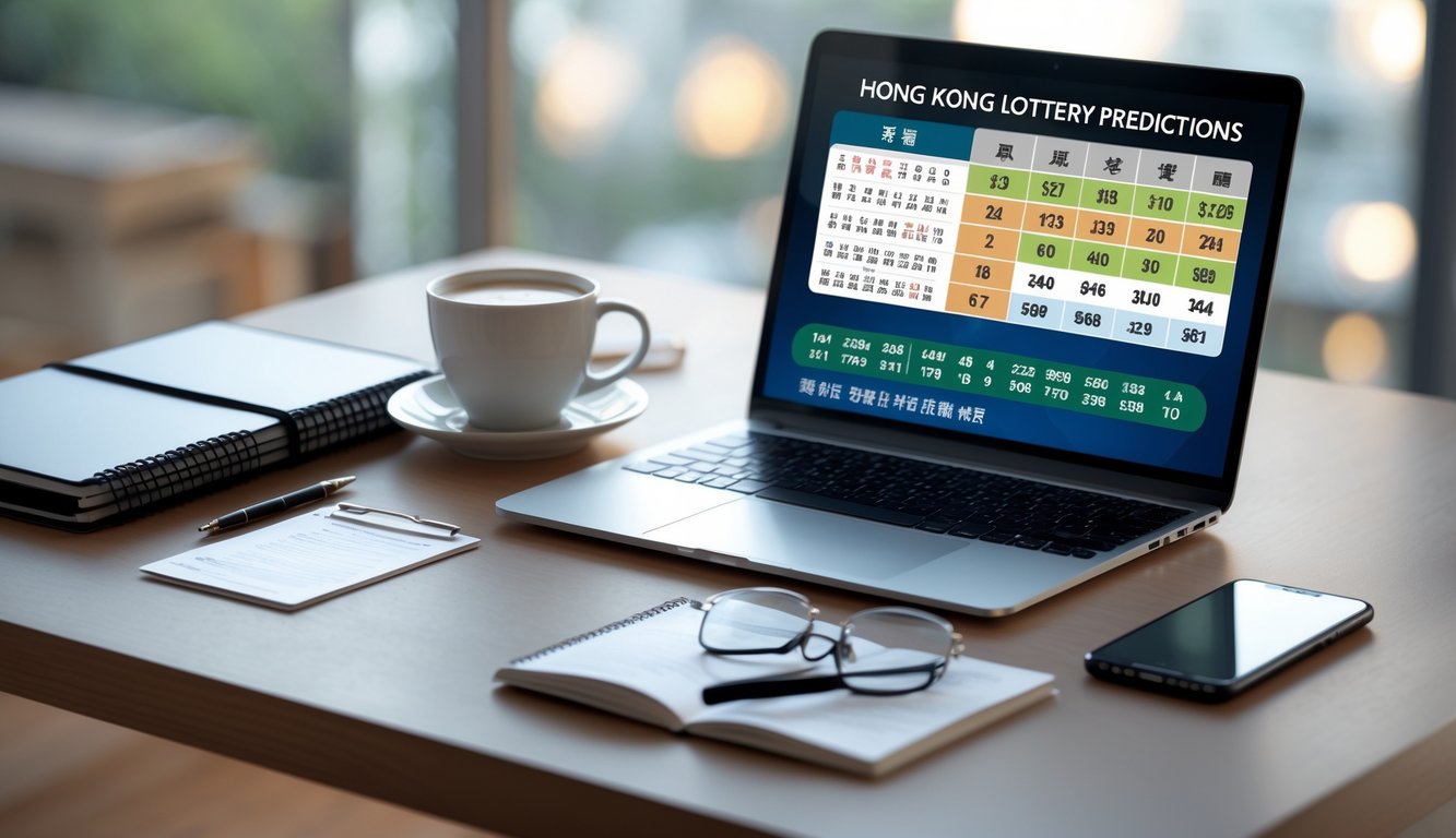 Meja kerja modern dengan laptop, buku catatan, dan smartphone yang menampilkan analisa togel Hongkong malam hari.