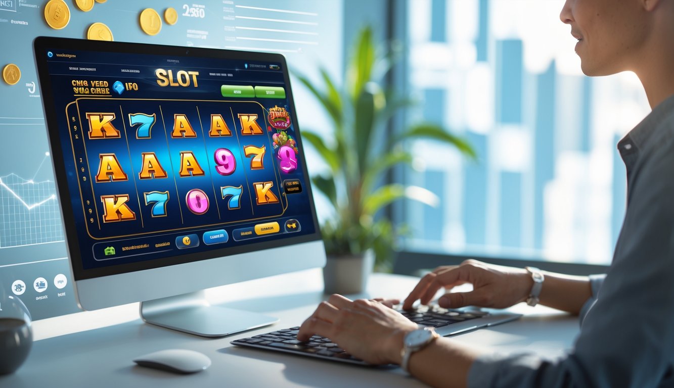 Orang dewasa menggunakan komputer dengan tampilan permainan slot online yang berwarna-warni di layar, di ruang kerja modern dan terang.
