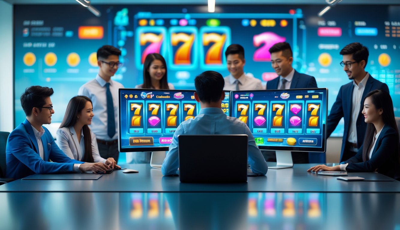 Sekelompok profesional muda sedang bekerja dengan komputer yang menampilkan permainan slot online di sebuah kantor modern.