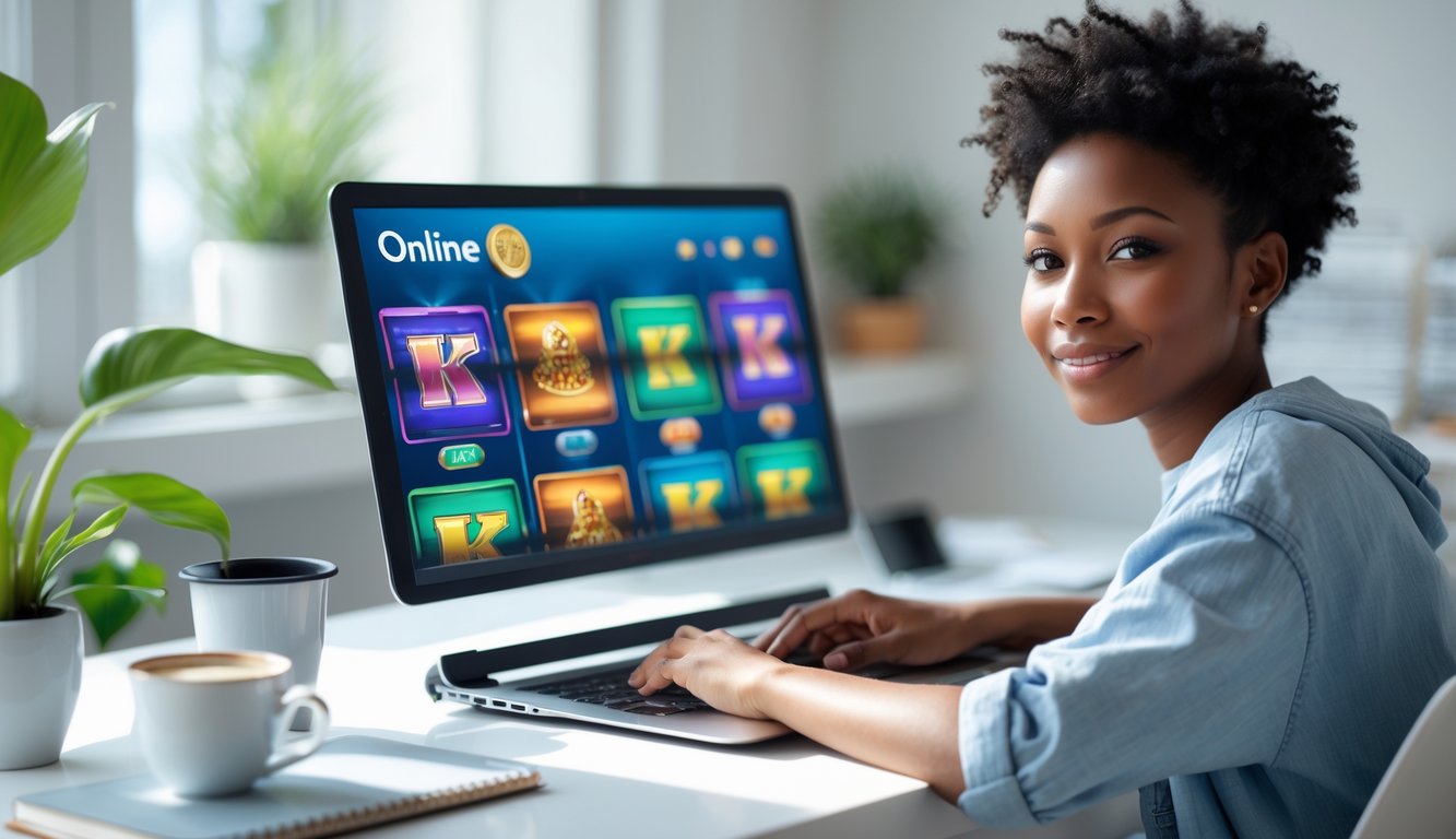 Seorang dewasa muda duduk di meja dengan laptop yang menampilkan permainan slot online, terlihat fokus dan optimis di ruang kerja rumah yang rapi.