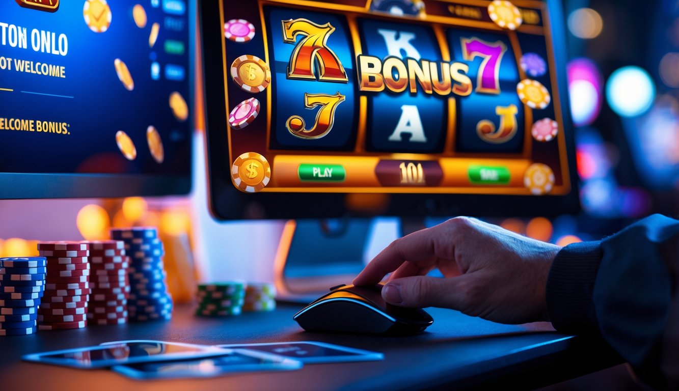 Seseorang bermain game slot online di komputer dengan suasana meja kerja yang rapi dan dekorasi kasino di latar belakang.