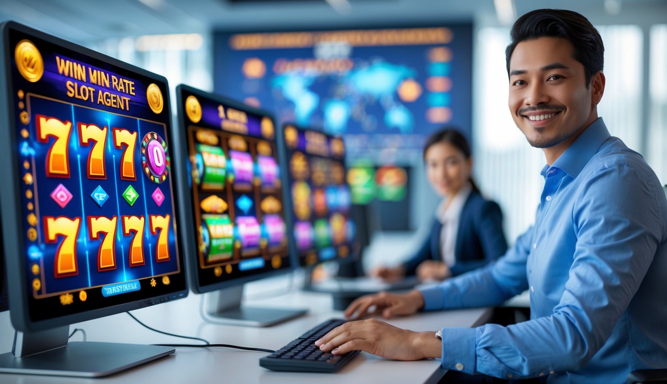 Seorang profesional sedang menggunakan komputer dengan layar yang menampilkan permainan slot online yang berwarna-warni di sebuah kantor yang terang dan rapi.