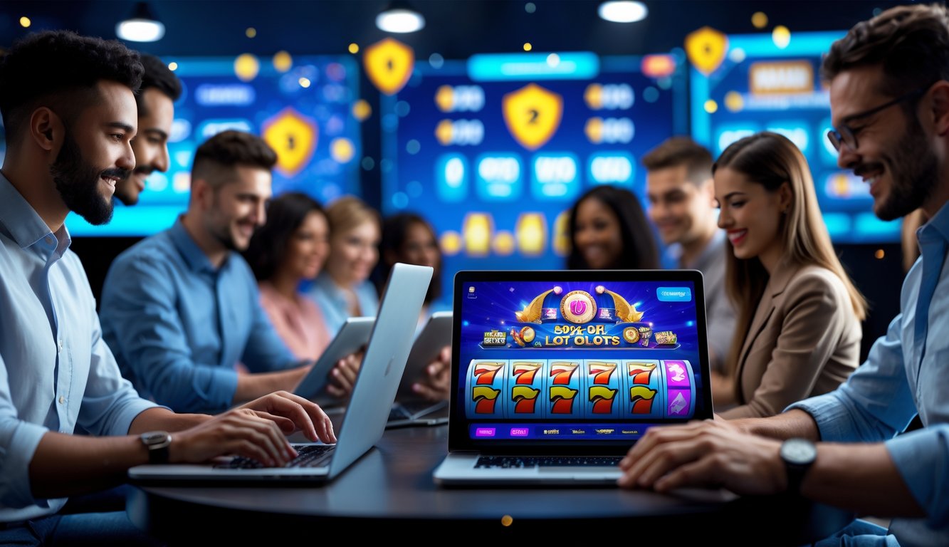 Sekelompok orang menggunakan perangkat digital untuk bermain slot online dengan latar belakang simbol keamanan dan grafik kemenangan.