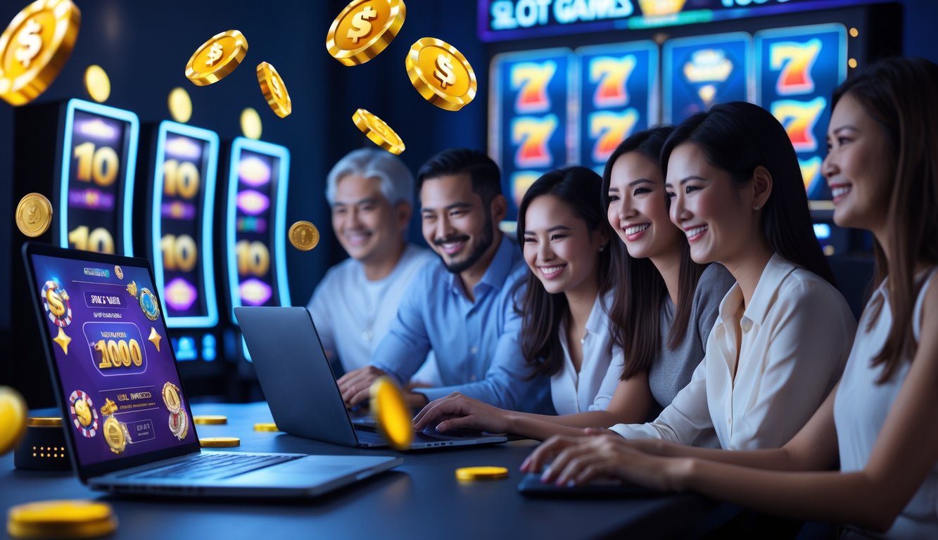 Beberapa orang dewasa sedang bermain mesin slot online menggunakan laptop dan ponsel di ruangan yang cerah dan modern.