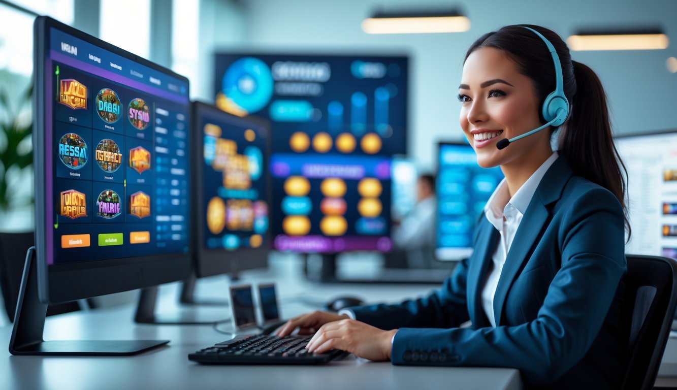 Seorang profesional sedang bekerja di kantor modern dengan beberapa layar komputer menampilkan permainan slot online.
