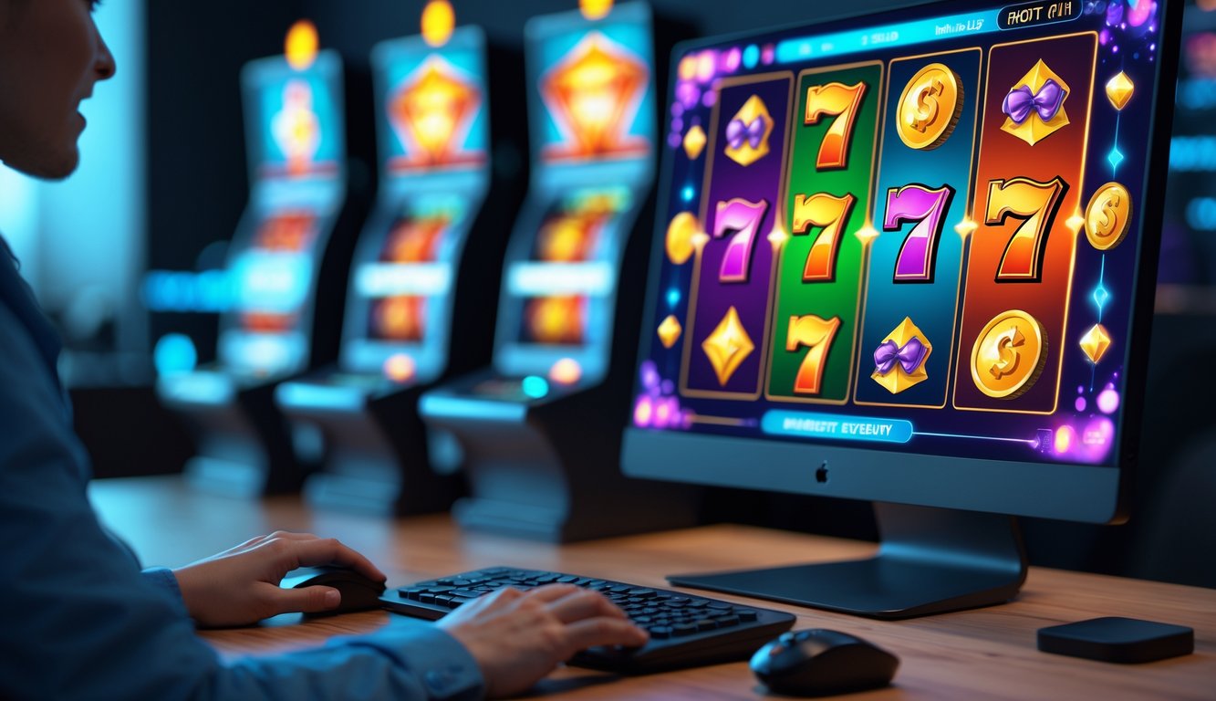 Seorang pemain menggunakan komputer dengan layar menampilkan permainan slot online berwarna cerah dan simbol jackpot.