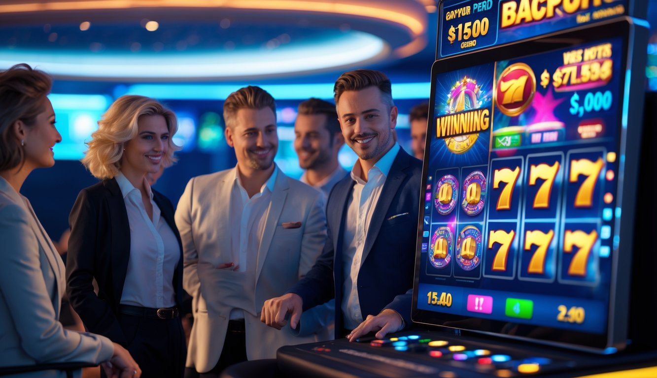 Sekelompok orang dewasa berkumpul di ruang permainan modern dengan layar besar menampilkan mesin slot digital dan jackpot yang terang.