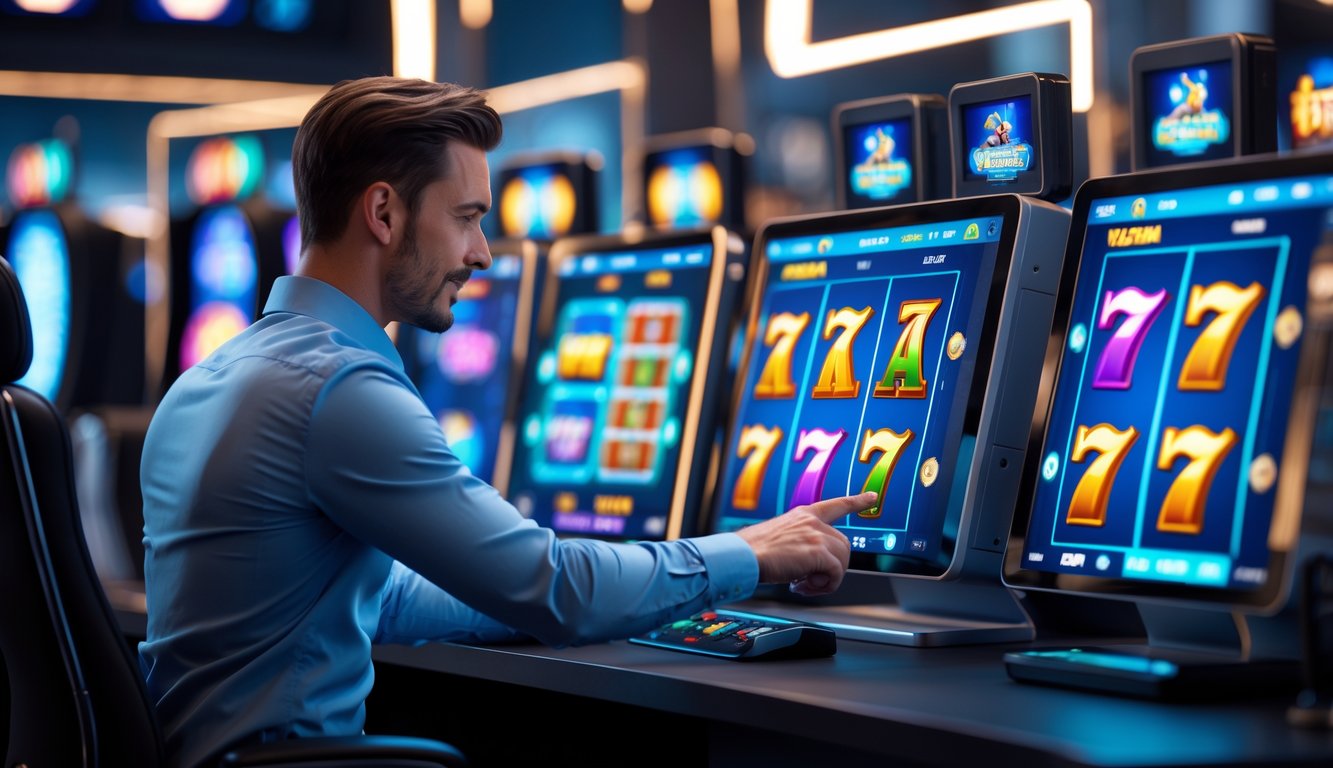 Seseorang menggunakan perangkat digital dengan layar menampilkan permainan mesin slot online di ruang kerja modern.
