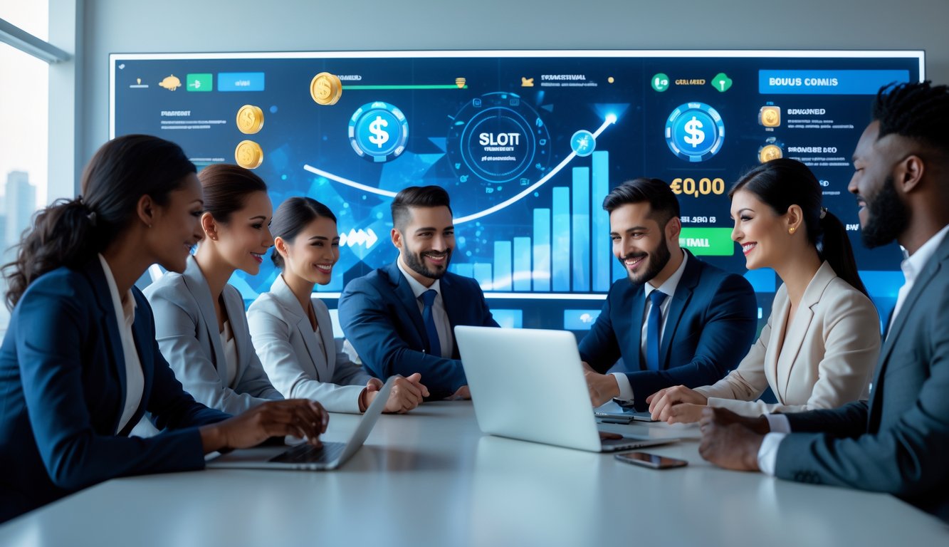 Tim profesional bekerja bersama di kantor modern dengan layar digital menampilkan grafik dan simbol mesin slot, menggambarkan agen slot online resmi dengan bonus harian terbesar.