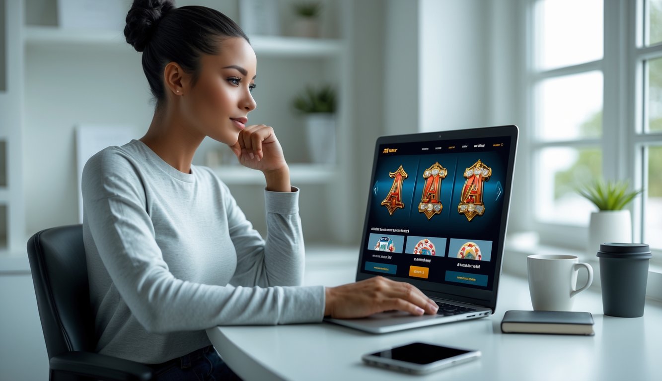 Seorang pemain muda duduk di meja dengan laptop terbuka, fokus memilih agen judi slot online yang terpercaya dan aman.
