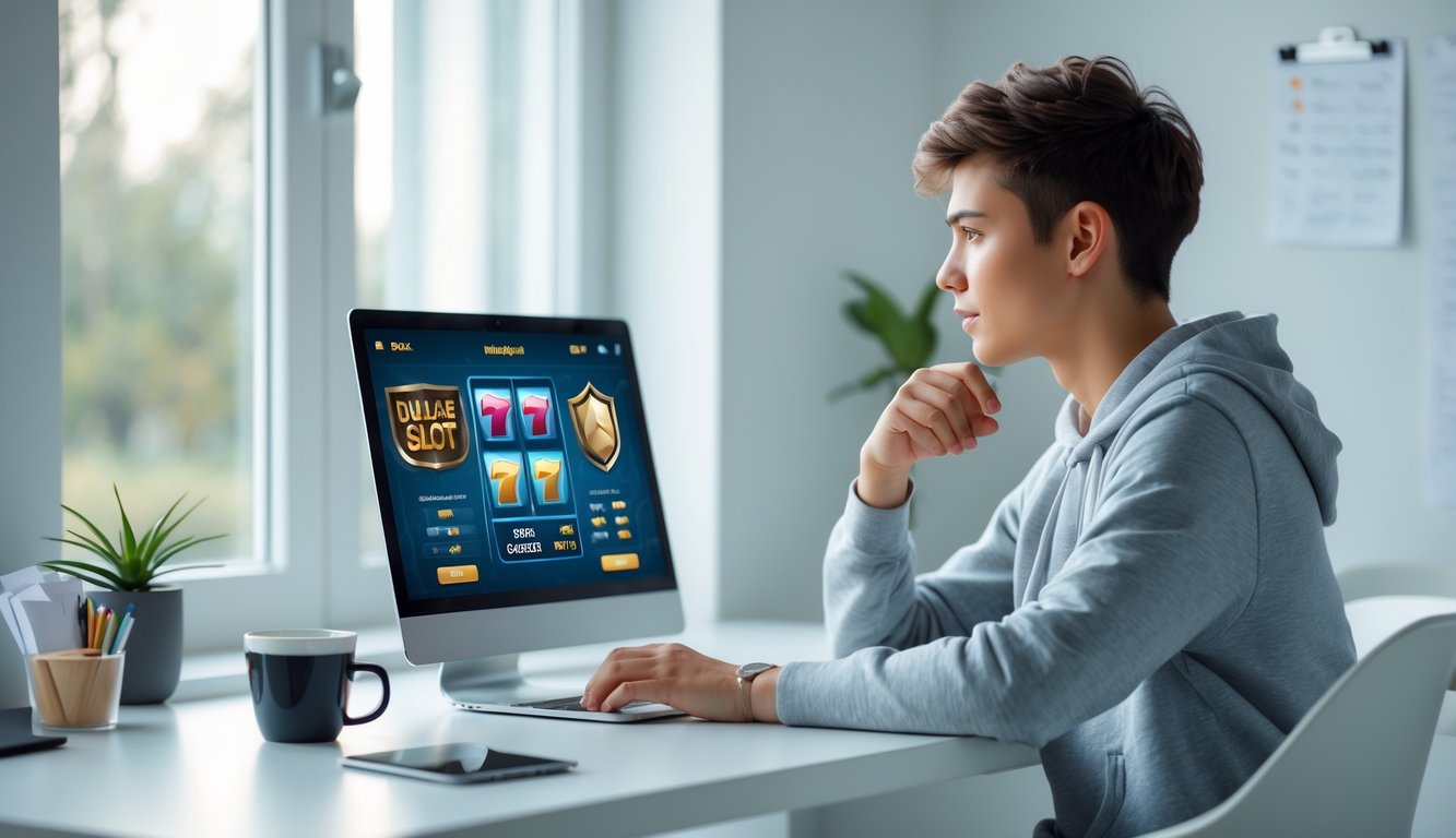 Seorang dewasa muda duduk di meja dengan laptop yang menampilkan permainan slot online, tampak fokus dan tenang di ruang kerja yang terang dan rapi.