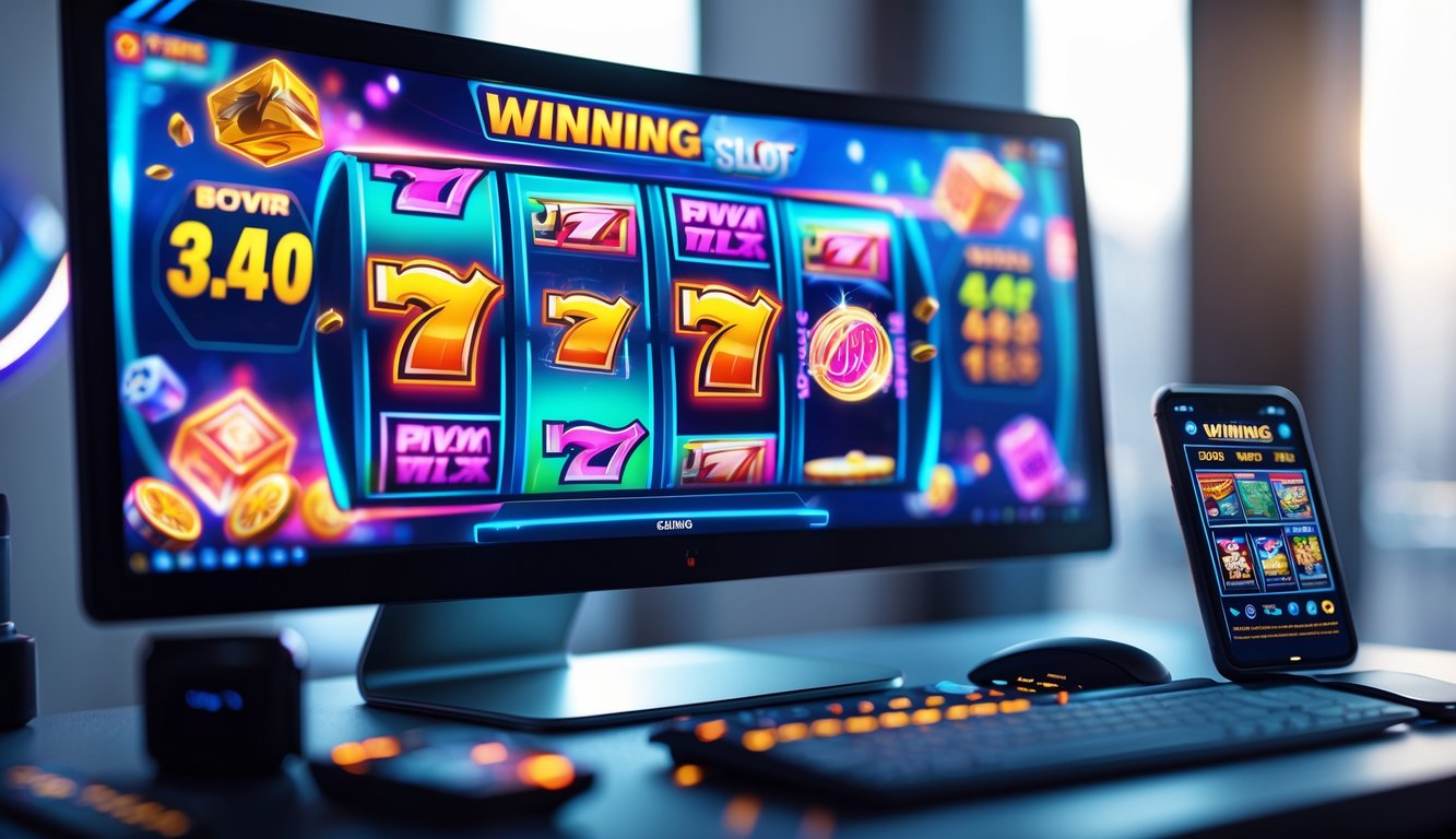 Seorang pemain sedang menggunakan komputer dengan tampilan permainan slot online yang penuh warna dan simbol kemenangan.