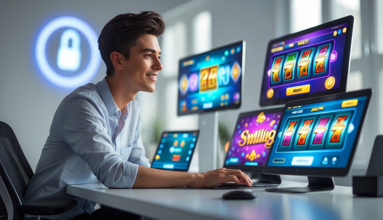 Seorang dewasa muda duduk di meja dengan beberapa perangkat digital yang menampilkan permainan slot online yang berwarna-warni, terlihat percaya diri dan senang.