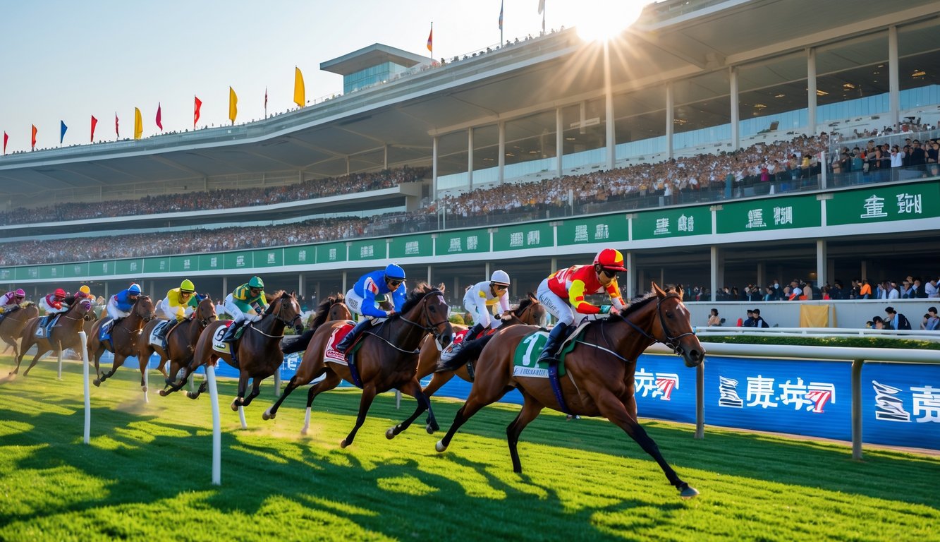 Balapan kuda di lintasan dengan joki mengenakan pakaian berwarna-warni dan penonton di tribun yang ramai.
