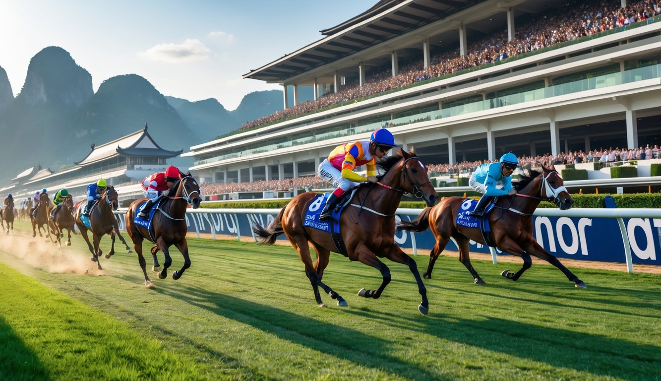 Balapan kuda resmi di Asia dengan joki mengenakan pakaian warna-warni sedang berlomba di lintasan dengan tribun penuh penonton di latar belakang.