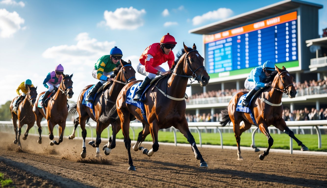 Beberapa kuda pacu dengan joki berwarna-warni sedang berlomba di lintasan balap dengan penonton di tribun dan papan skor digital di latar belakang.