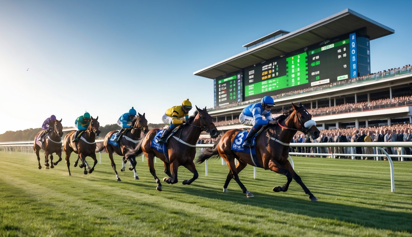 Beberapa kuda pacuan dengan joki sedang berlomba di lintasan balap dengan penonton di tribun dan papan skor digital di latar belakang.