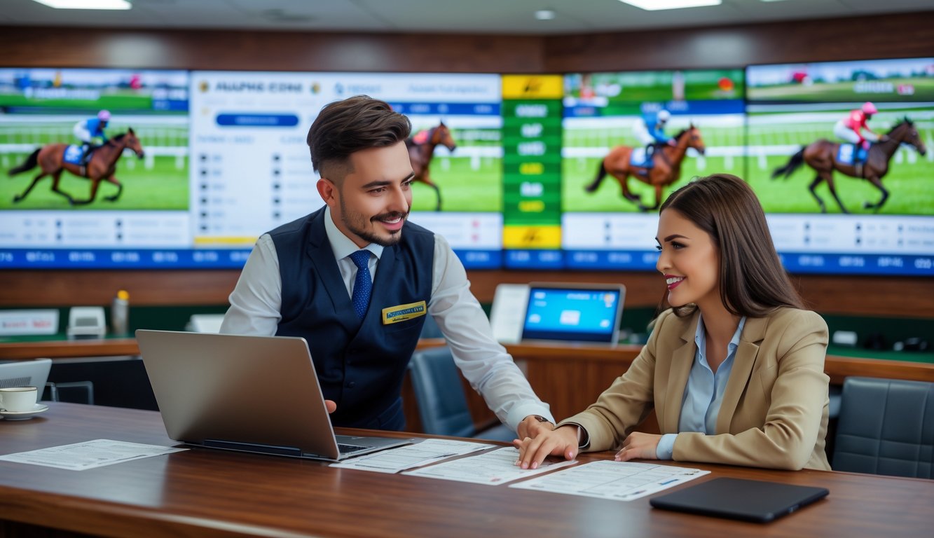 Seorang staf ramah membantu pemula di kantor taruhan balap kuda yang modern dengan layar besar menampilkan balapan kuda secara langsung.