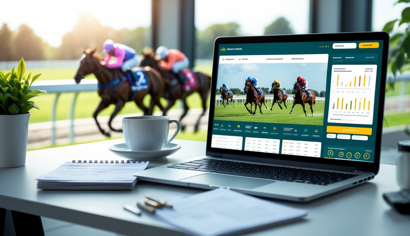 Sebuah meja kerja dengan laptop yang menampilkan antarmuka taruhan balap kuda, catatan, dan secangkir kopi, dengan latar belakang balapan kuda yang sedang berlangsung.