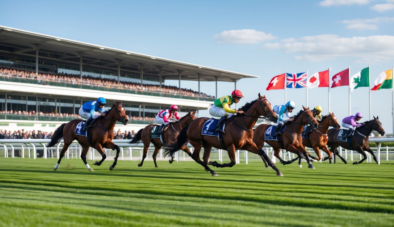 Beberapa kuda balap dengan joki sedang berlari cepat di lintasan rumput hijau dengan tribun penonton dan bendera negara di latar belakang.