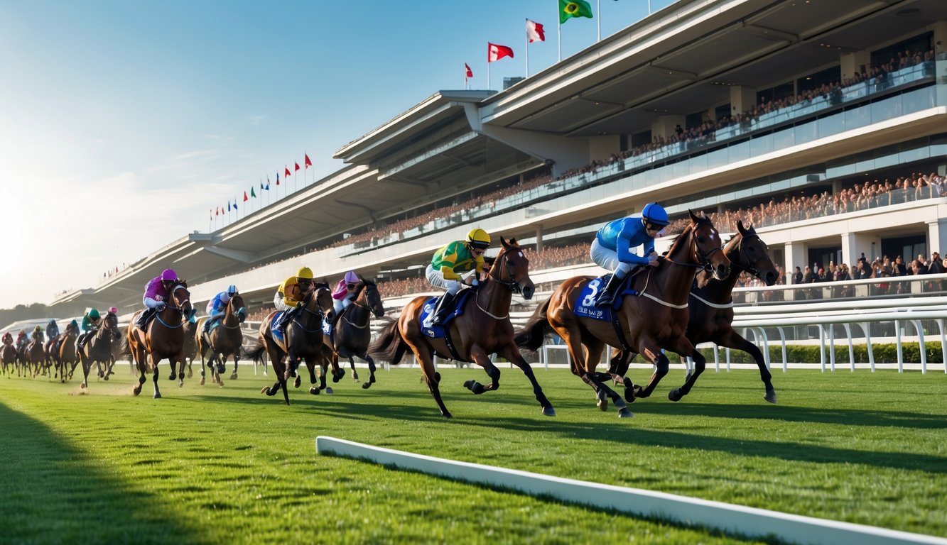 Beberapa kuda pacuan dengan joki sedang berlari kencang di lintasan balap dengan tribun penuh penonton dan bendera internasional di latar belakang.