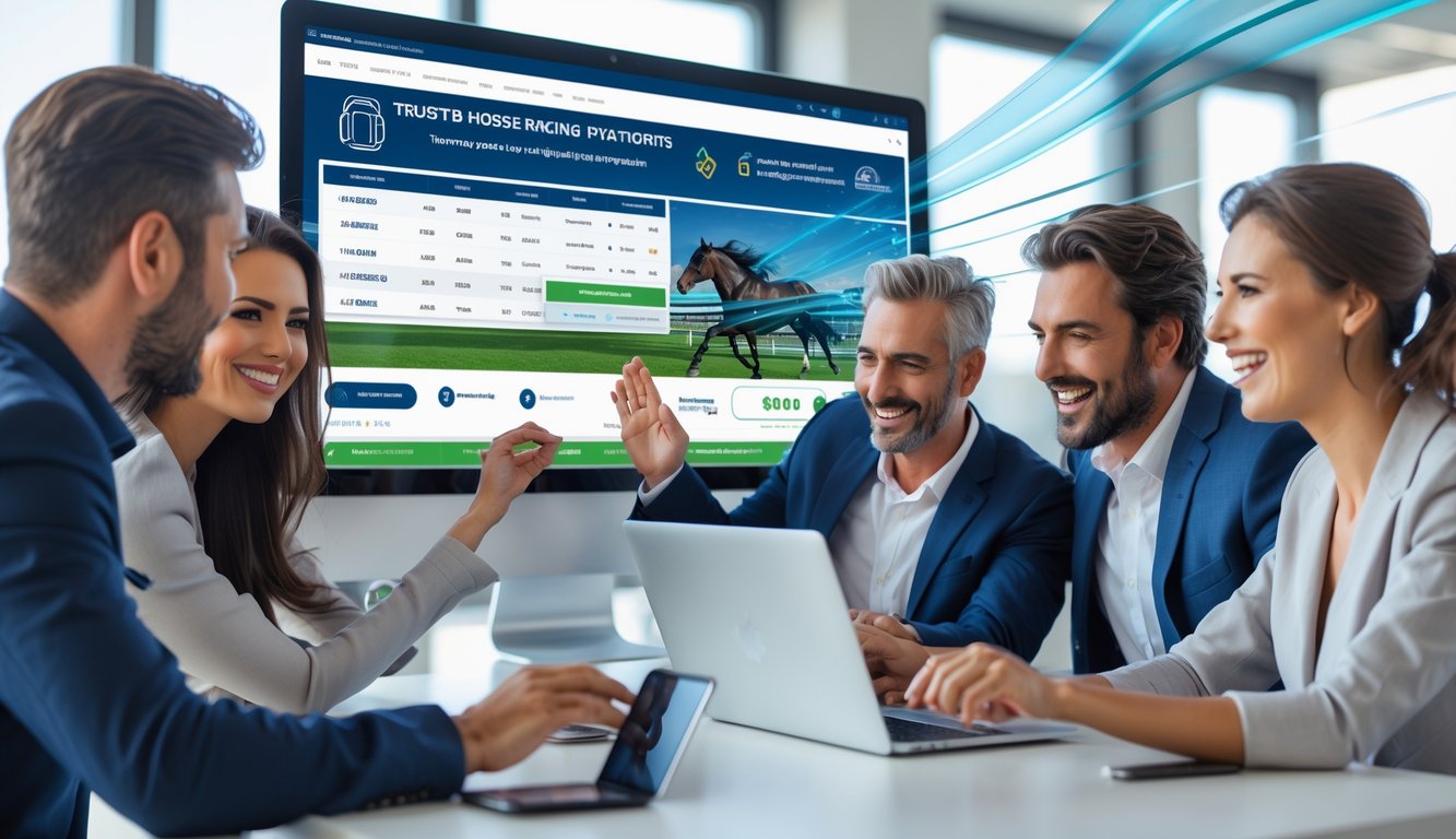Orang-orang menggunakan perangkat digital untuk mengakses platform balap kuda online dengan suasana kantor modern.