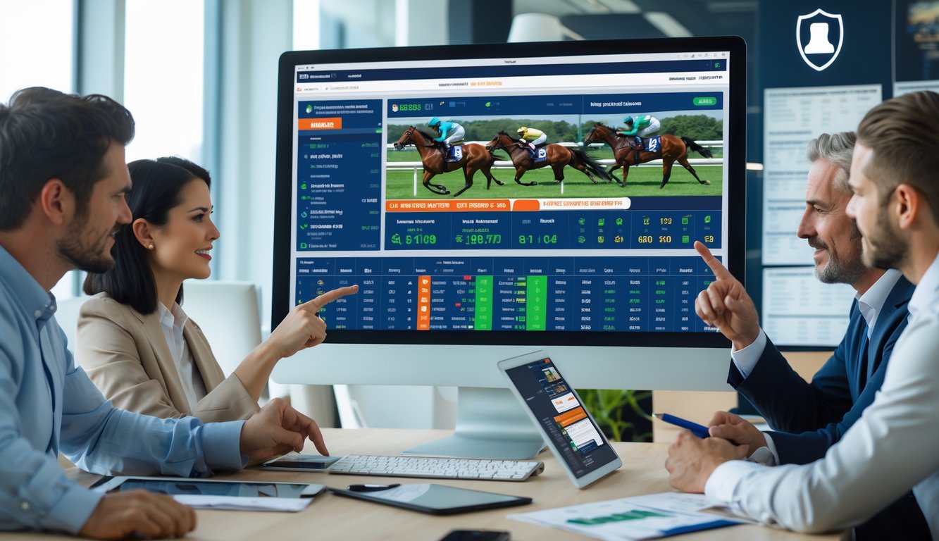 Beberapa orang sedang menggunakan komputer untuk memasang taruhan balap kuda secara online di sebuah kantor modern yang terang dan rapi.