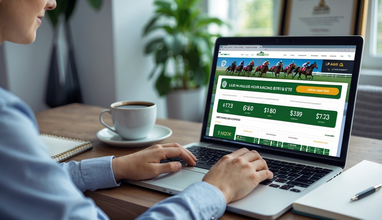 Seseorang menggunakan laptop di ruang kerja modern, melihat situs balap kuda online yang aman dan legal dengan layar menampilkan grafik balapan kuda dan taruhan.
