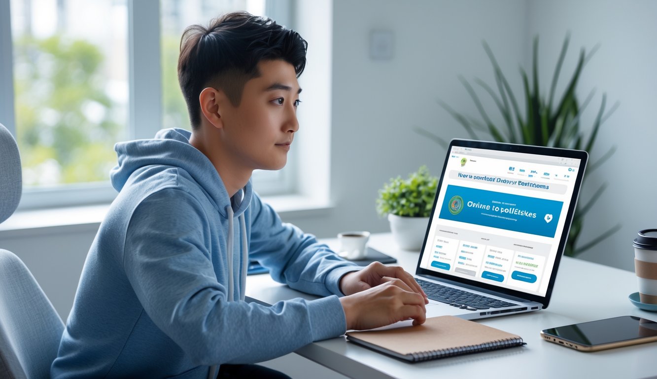 Seorang dewasa muda duduk di meja dengan laptop, fokus mencari situs togel online yang aman di ruang kerja rumah yang terang dan rapi.