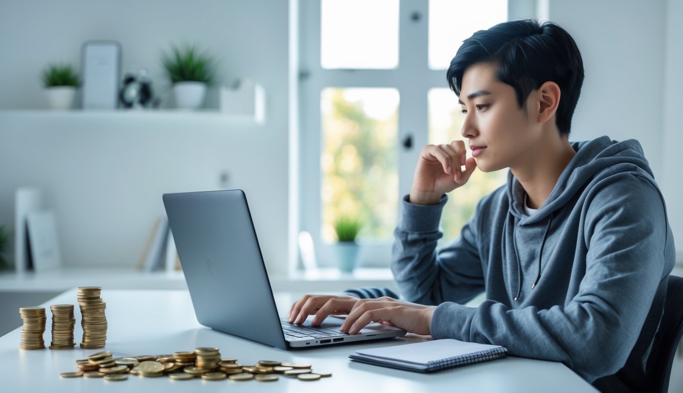 Seseorang duduk di meja dengan laptop dan sejumlah uang kecil, terlihat fokus dan tenang dalam suasana kantor rumah yang terang.