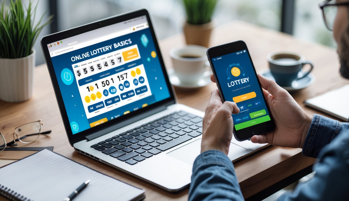 Seseorang menggunakan laptop dan ponsel di meja kerja yang rapi, menampilkan aktivitas bermain togel online dengan suasana yang tenang dan teratur.