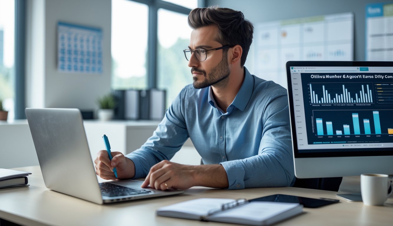 Seorang pria sedang duduk di meja kerja dengan laptop dan tablet yang menampilkan grafik dan angka, terlihat fokus menganalisis data di sebuah kantor modern.