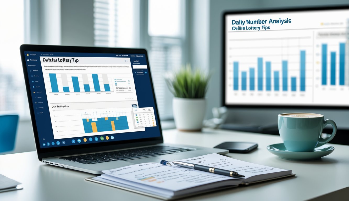 Meja kerja dengan laptop menampilkan grafik dan angka, buku catatan dengan tulisan tangan, pena, dan cangkir kopi, menunjukkan suasana analisa data dan perencanaan strategi.