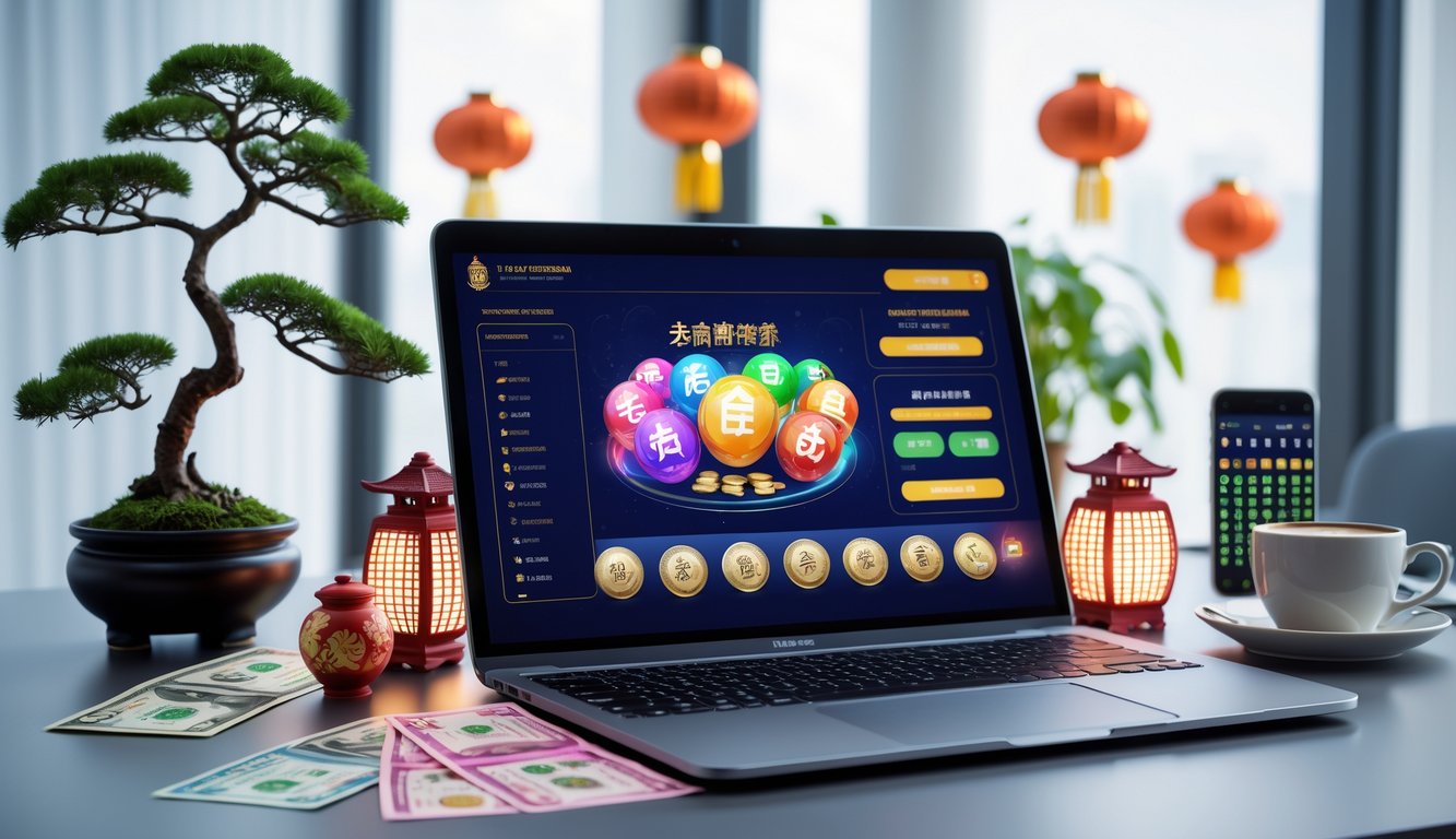 Sebuah ruang kerja modern dengan laptop yang menampilkan platform togel online dan elemen budaya Asia di sekitarnya.