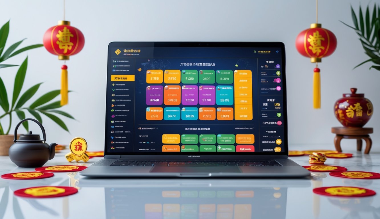 Sebuah ruang kerja modern dengan laptop yang menampilkan platform permainan togel online dari Asia, dikelilingi oleh elemen budaya Asia.