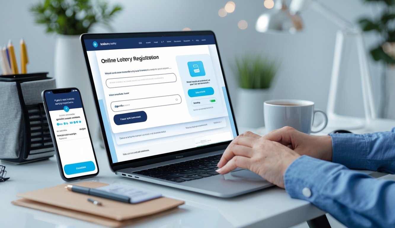 Seseorang menggunakan laptop dan smartphone di meja kerja yang rapi, sedang melakukan pendaftaran dan deposit di situs togel online resmi.