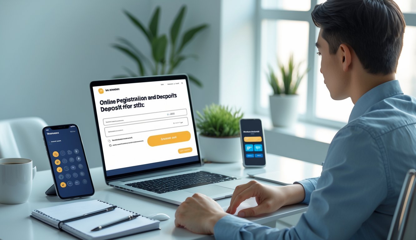 Seseorang duduk di meja kerja dengan laptop, ponsel, dan buku catatan, sedang mempersiapkan pendaftaran dan deposit online.