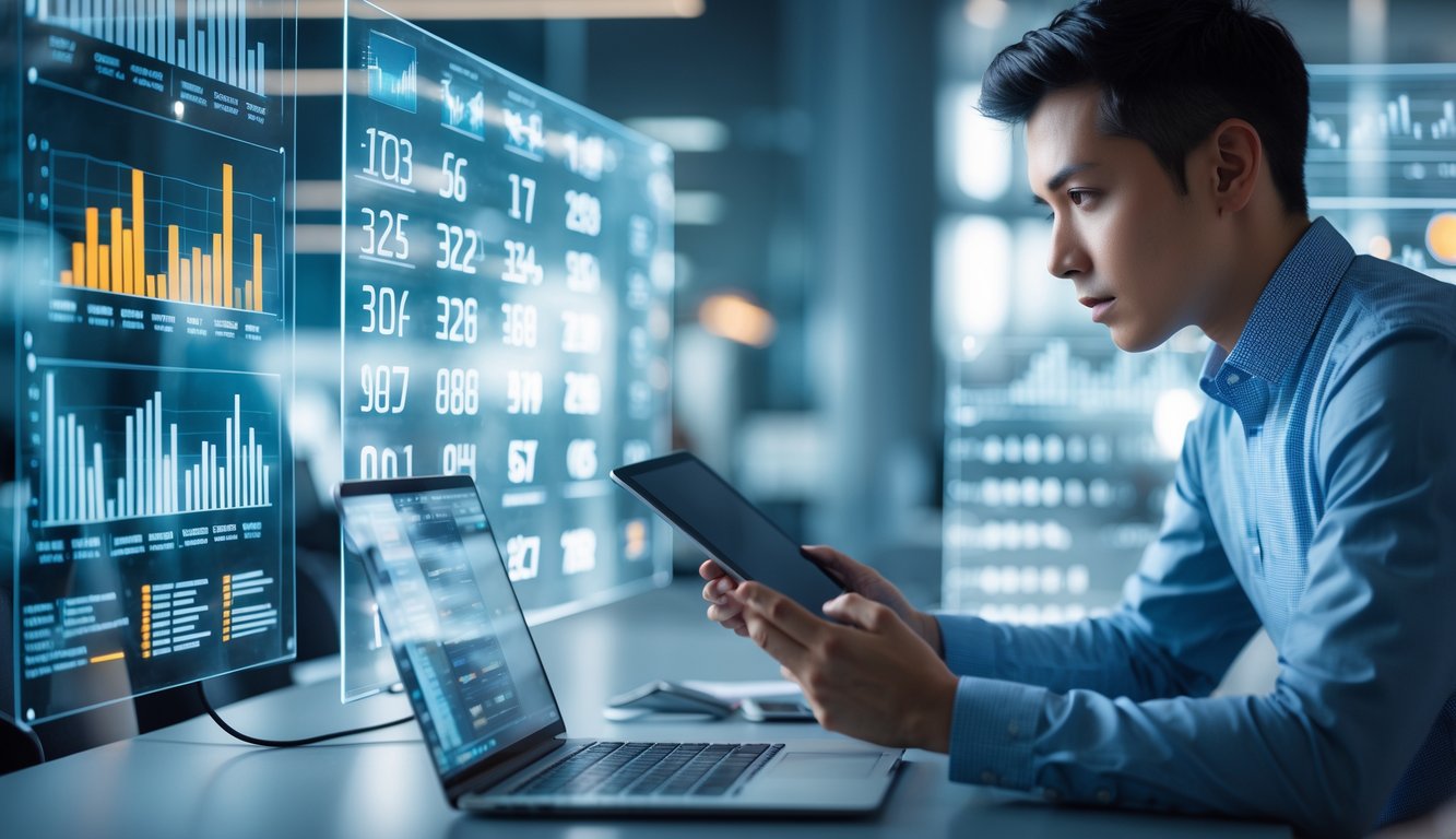 Seseorang sedang menganalisis data angka di layar digital dalam ruang kantor modern.
