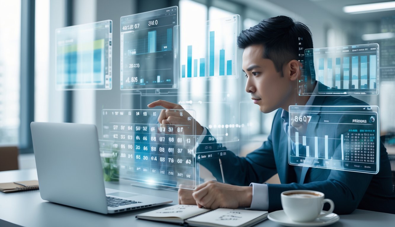 Seseorang yang fokus menganalisis pola angka pada beberapa layar digital di ruang kantor modern.