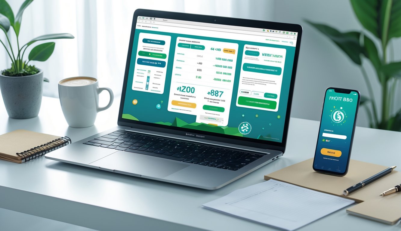 Seseorang menggunakan laptop dengan beberapa jendela situs web terbuka yang menampilkan grafik dan ikon keamanan, di meja dengan ponsel dan cangkir kopi.