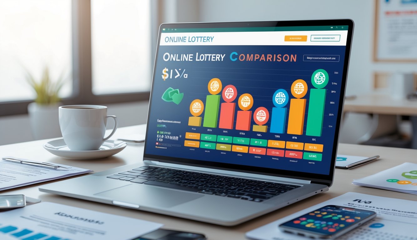 Seorang profesional bekerja di depan laptop dengan grafik dan data tentang perbandingan situs togel online di meja kerja yang rapi.