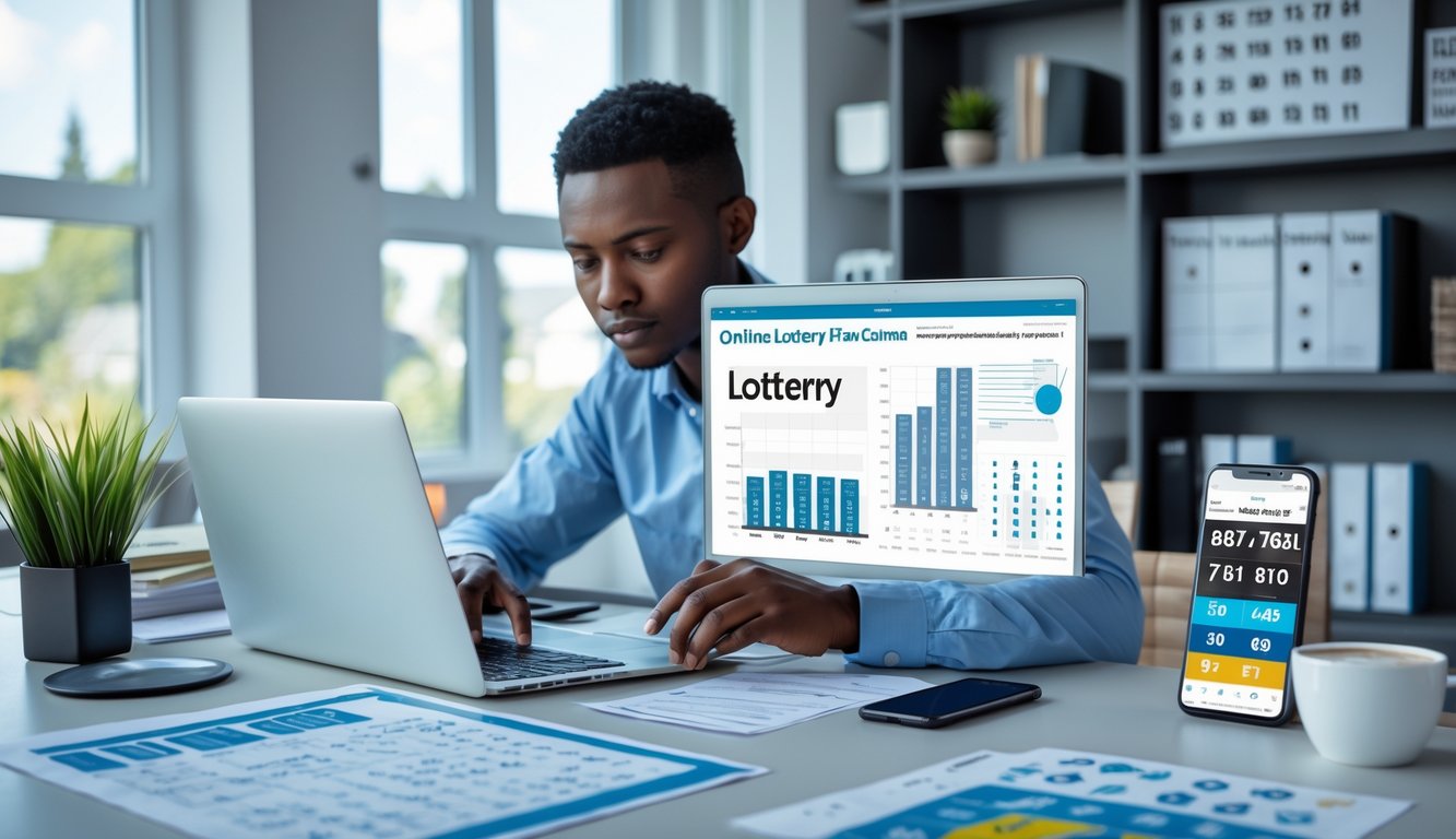 Seseorang sedang fokus menganalisis strategi togel online di depan laptop di ruang kerja rumah yang rapi.