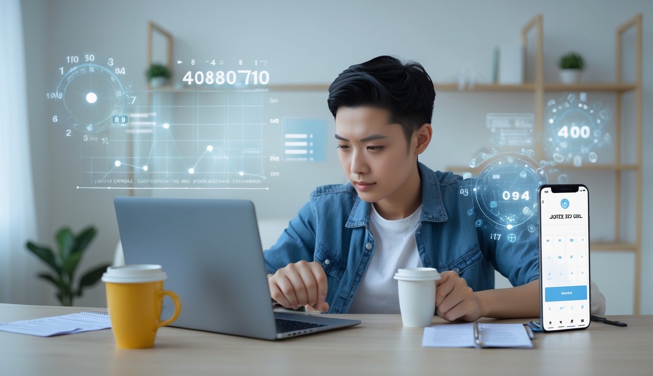 Seseorang yang fokus menggunakan laptop di meja kerja dengan catatan dan ponsel, menunjukkan suasana perencanaan strategi permainan togel online.