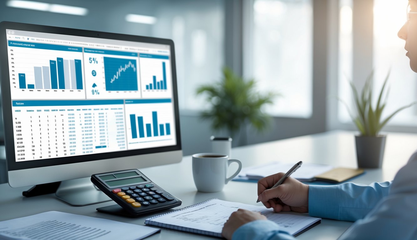 Seseorang sedang menganalisis data statistik togel online di depan komputer dengan kalkulator dan catatan di meja kerja.