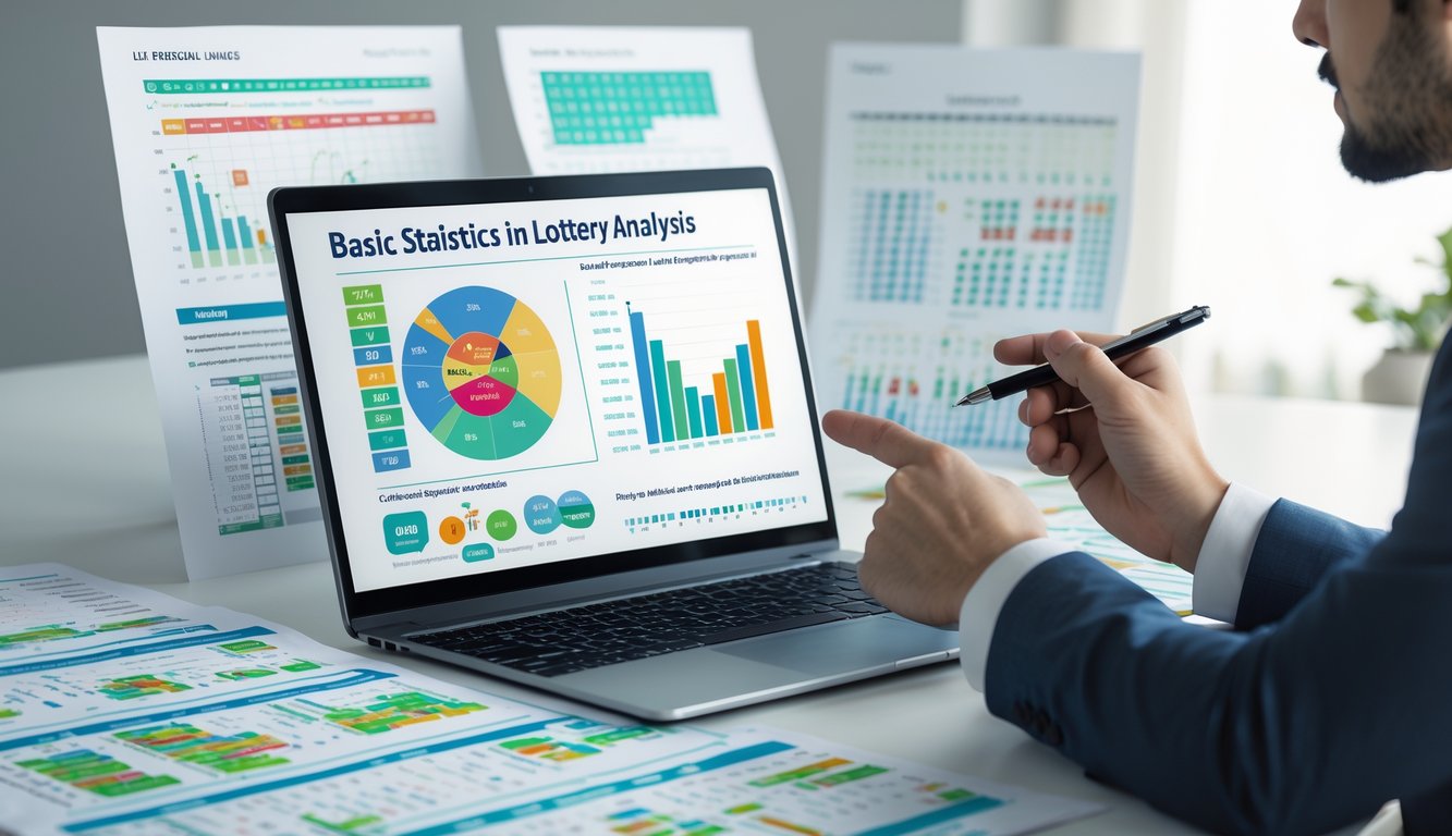 Seorang analis sedang melihat grafik statistik lotere di laptop dengan lembar data dan tabel angka di meja kerja.