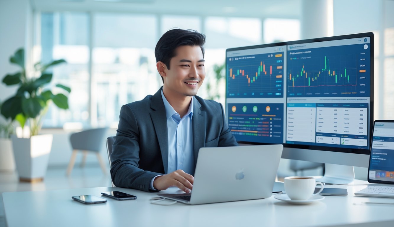 Seorang profesional sedang menggunakan laptop di kantor modern dengan beberapa layar yang menampilkan grafik dan transaksi online.