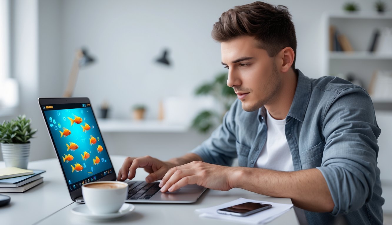 Seorang pria muda sedang fokus bermain permainan tembak ikan online di laptop di sebuah ruang kerja rumah yang rapi dan terang.